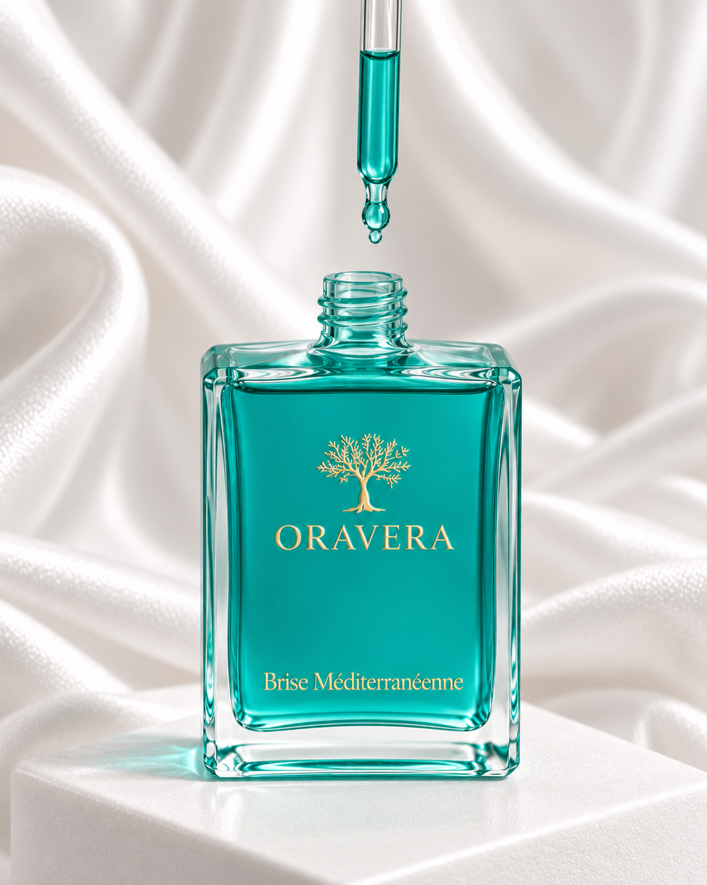 Flacon turquoise Oravera sur fond ivoire