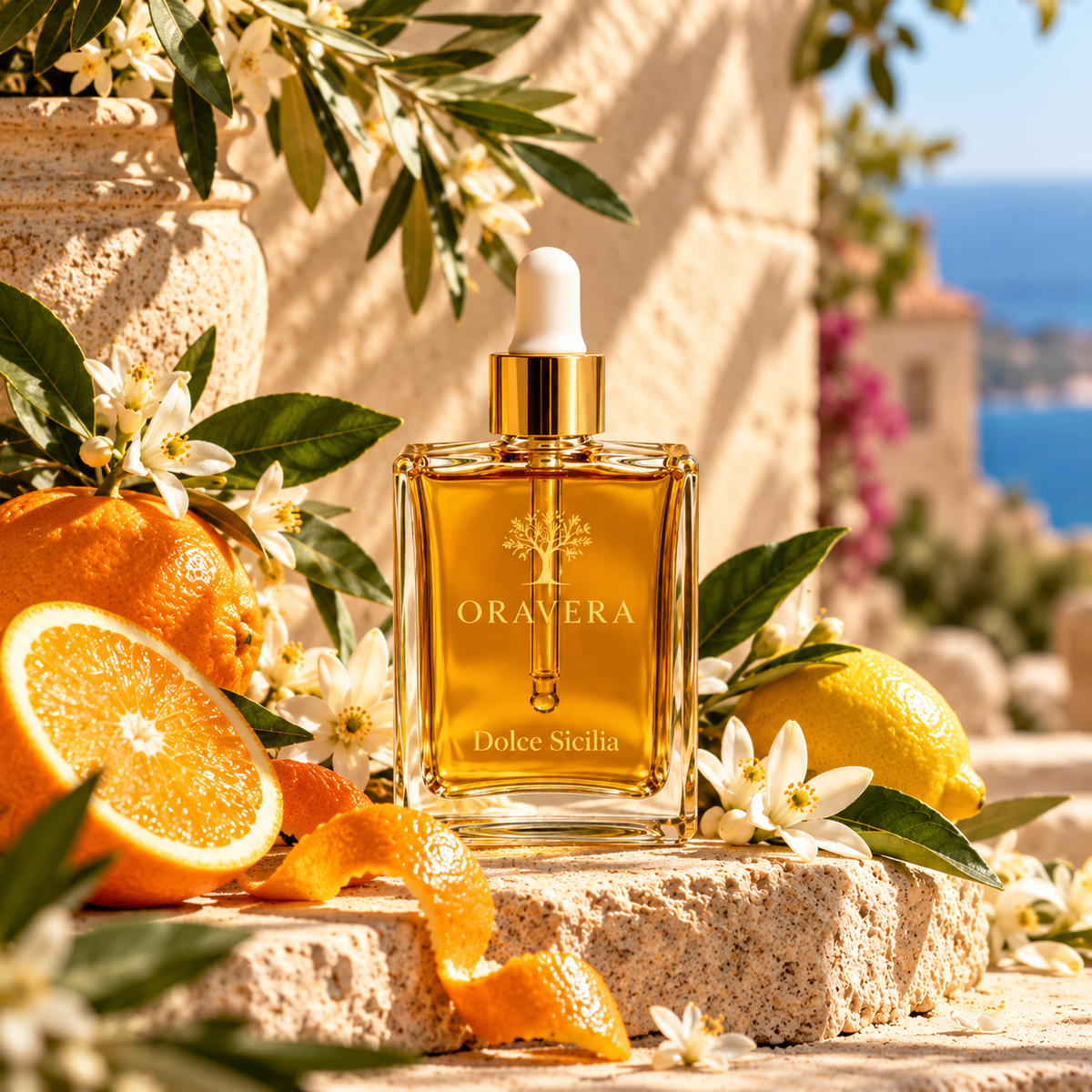 Élixir Dolce Sicilia Oravera sur pierre calcaire avec agrumes et fleurs d’oranger, lumière méditerranéenne
