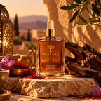 Élixir Nuit Oud & Safran Oravera sur pierre naturelle avec bois de oud, safran et lumière ambrée